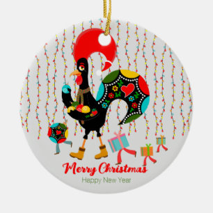 Kerstverlichting, bubbels, cadeaus en Rooster Keramisch Ornament