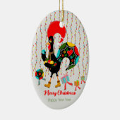 Kerstverlichting, bubbels, cadeaus en Rooster Keramisch Ornament (Rechts)