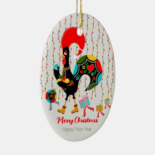 Kerstverlichting, bubbels, cadeaus en Rooster Keramisch Ornament (Rechts)