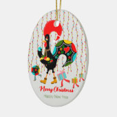 Kerstverlichting, bubbels, cadeaus en Rooster Keramisch Ornament (Links)
