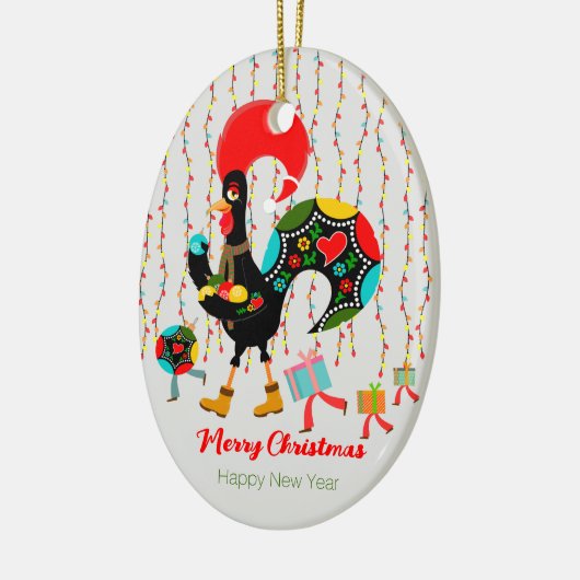 Kerstverlichting, bubbels, cadeaus en Rooster Keramisch Ornament (Links)