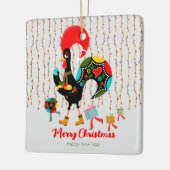 Kerstverlichting, bubbels, cadeaus en Rooster Keramisch Ornament (Links)