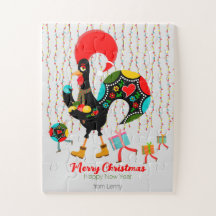 Kerstverlichting, bubbels, cadeaus en Rooster