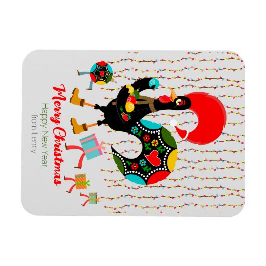 Kerstverlichting, bubbels, cadeaus en Rooster Magneet (Horizontaal)