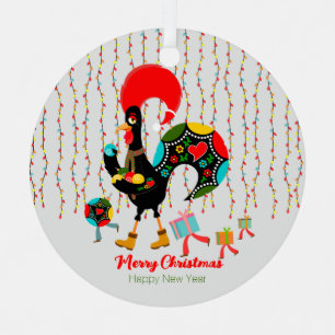 Kerstverlichting, bubbels, cadeaus en Rooster Metalen Ornament