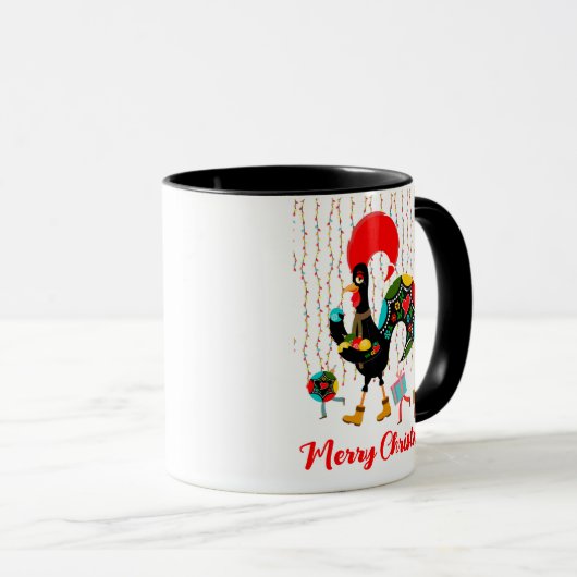 Kerstverlichting, bubbels, cadeaus en Rooster Mok (Voorkant rechts)