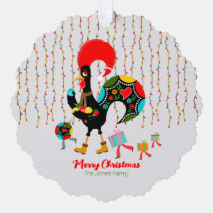 Kerstverlichting, bubbels, cadeaus en Rooster Ornament Kaart