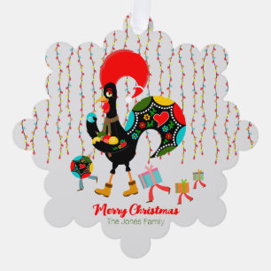Kerstverlichting, bubbels, cadeaus en Rooster Ornament Kaart