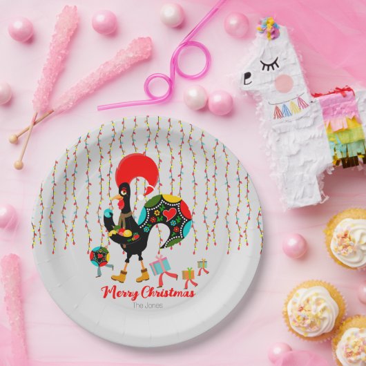 Kerstverlichting, bubbels, cadeaus en Rooster Papieren Bordje (Feest)