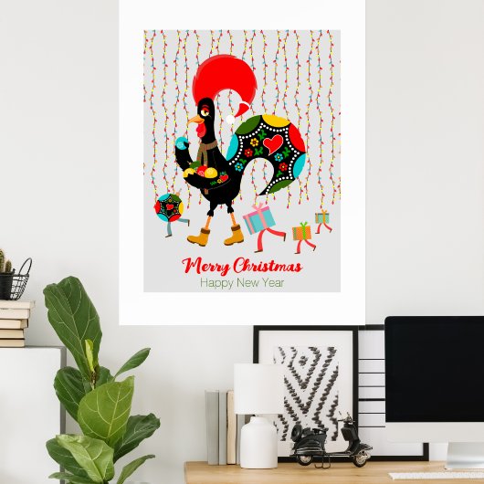 Kerstverlichting, bubbels, cadeaus en Rooster Poster (Thuiskantoor)