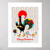 Kerstverlichting, bubbels, cadeaus en Rooster Poster (Voorkant)