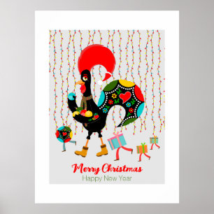 Kerstverlichting, bubbels, cadeaus en Rooster Poster
