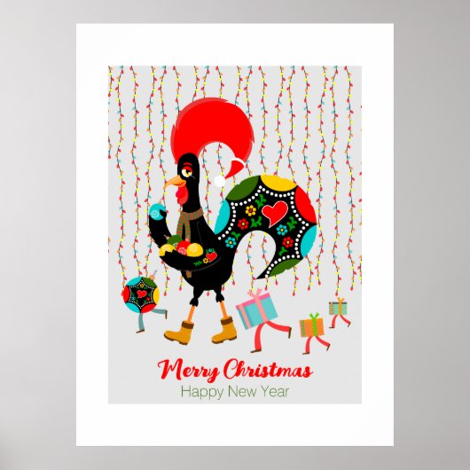 Kerstverlichting, bubbels, cadeaus en Rooster Poster (Voorkant)