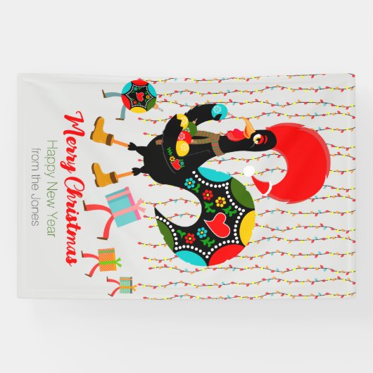 Kerstverlichting, bubbels, cadeaus en Rooster Spandoek (Horizontaal)