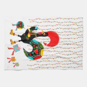 Kerstverlichting, bubbels, cadeaus en Rooster Theedoek (Horizontaal)