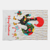 Kerstverlichting, bubbels, cadeaus en Rooster Theedoek (Horizontaal)