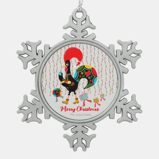 Kerstverlichting, bubbels, cadeaus en Rooster Tin Sneeuwvlok Ornament (Voorkant)