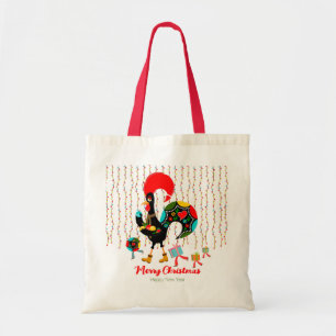 Kerstverlichting, bubbels, cadeaus en Rooster Tote Bag