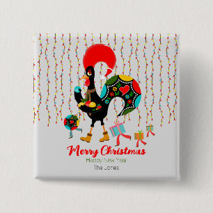 Kerstverlichting, bubbels, cadeaus en Rooster Vierkante Button 5,1 Cm