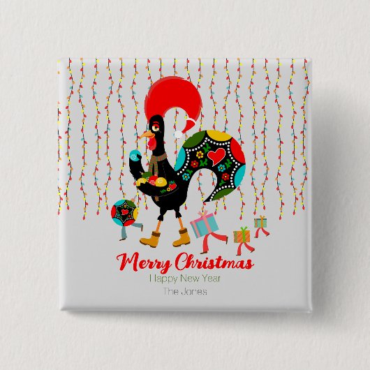 Kerstverlichting, bubbels, cadeaus en Rooster Vierkante Button 5,1 Cm (Voorkant)
