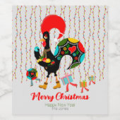 Kerstverlichting, bubbels, cadeaus en Rooster Wijn Etiket (Enkel label)