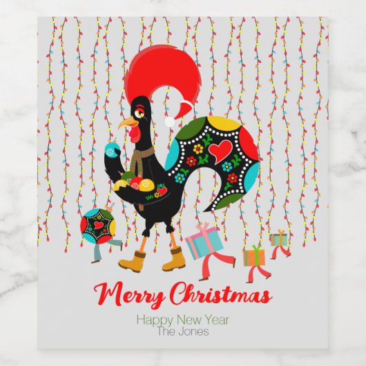 Kerstverlichting, bubbels, cadeaus en Rooster Wijn Etiket (Enkel label)