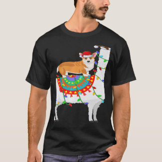 Kerstverlichting Corgi Hond Rijdt Lama Kerstmis T-shirt