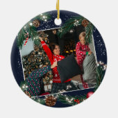 Kerstverlichting dennentakken sneeuwblauw foto keramisch ornament (Achterkant)