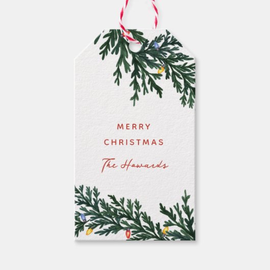 Kerstverlichting en groen cadeaulabel (Voorkant)