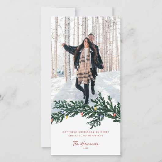 Kerstverlichting en groen Foto Feestdagenkaart (Voorkant)