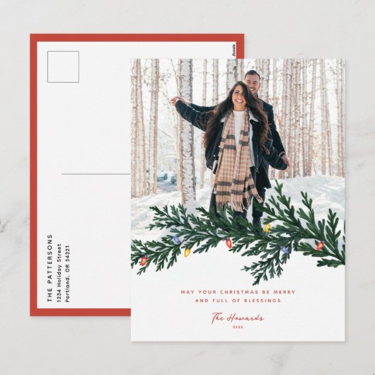 Kerstverlichting en groen Foto Feestdagenkaart (Voorkant / Achterkant)