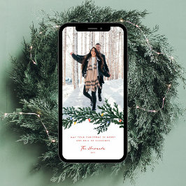 Kerstverlichting en groen Foto Feestdagenkaart