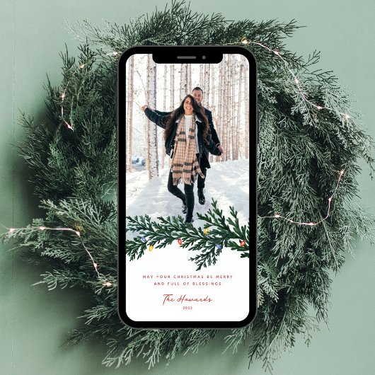 Kerstverlichting en groen Foto Feestdagenkaart