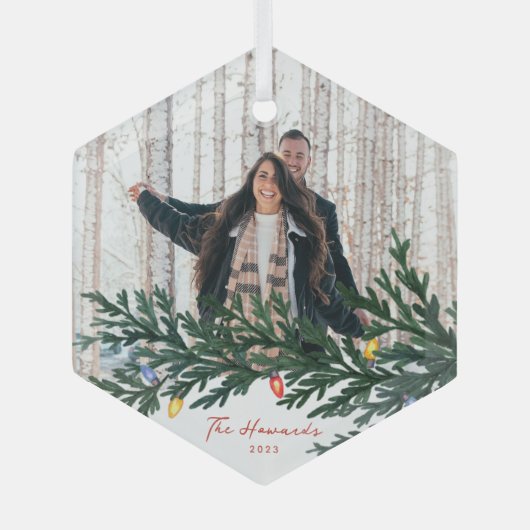 Kerstverlichting en groen Foto Glas Ornament (Voorkant)