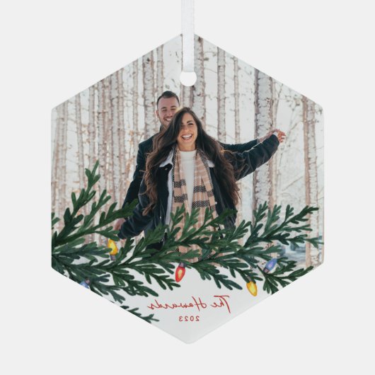 Kerstverlichting en groen Foto Glas Ornament (Achterkant)