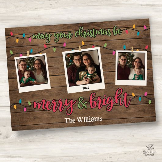 Kerstverlichting Foto Polaroids Merry & Bright Feestdagenkaart