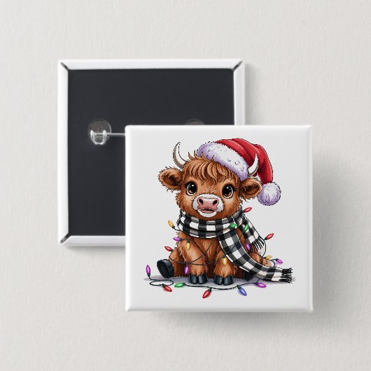 Kerstverlichting Highland Koe Santa Hat Vierkante Button 5,1 Cm (Voorkant /achterkant)