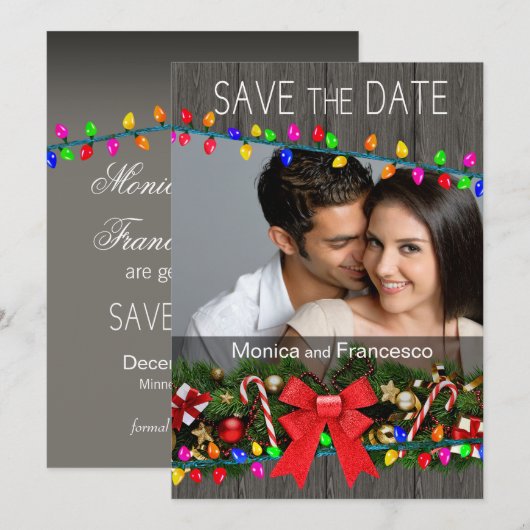 Kerstverlichting houtnerf foto opslag van de datum kaart (Voorkant / Achterkant)