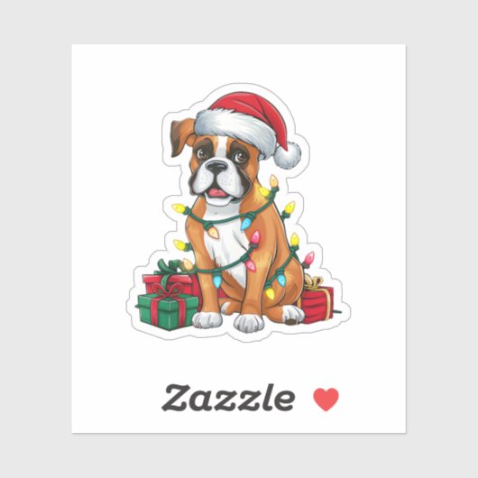 Kerstverlichting Kerstman Hoed Boxer Hond Kerstmis Sticker (Vel)