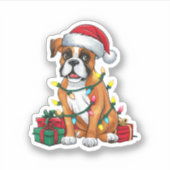 Kerstverlichting Kerstman Hoed Boxer Hond Kerstmis Sticker (Voorkant)