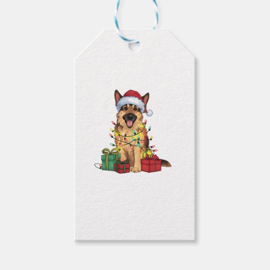 Kerstverlichting Kerstman Hoed Duitse Herder Hond Cadeaulabel (Voorkant)