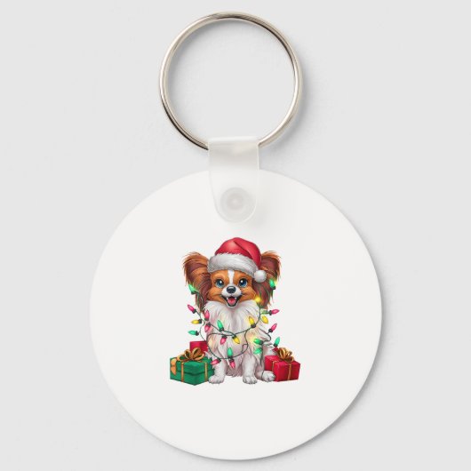 Kerstverlichting Kerstman Hoed Papillon Hond Kerst Sleutelhanger (Voorkant)