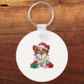 Kerstverlichting Kerstman Hoed Papillon Hond Kerst Sleutelhanger (Voorkant)
