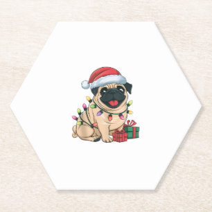 Kerstverlichting Kerstman Hoed Pug Honden Kerstmis Kartonnen Onderzetters