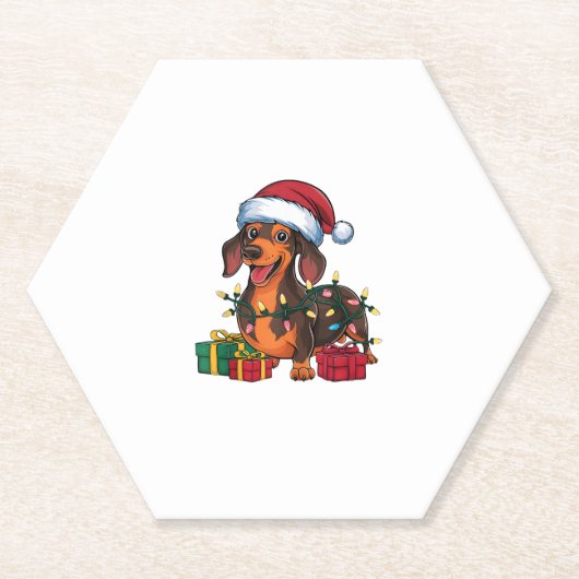 Kerstverlichting Kerstman Hoed Teckel Hond Kerstmi Kartonnen Onderzetters (Voorkant)