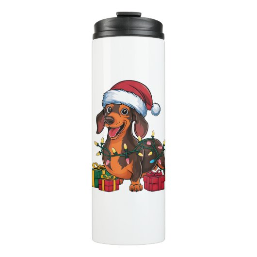 Kerstverlichting Kerstman Hoed Teckel Hond Kerstmi Thermosbeker (Voorkant)