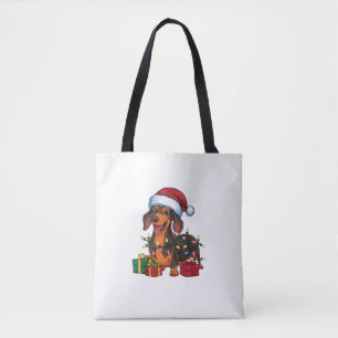 Kerstverlichting Kerstman Hoed Teckel Hond Kerstmi Tote Bag