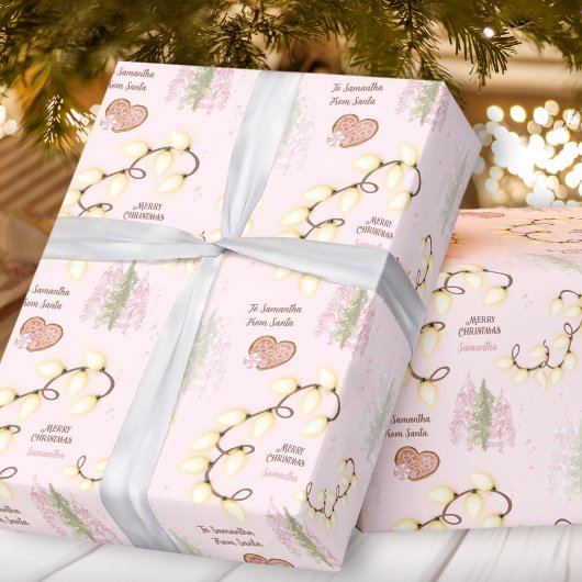 Kerstverlichting Modern Roze Pastel Custom Name Cadeaupapier