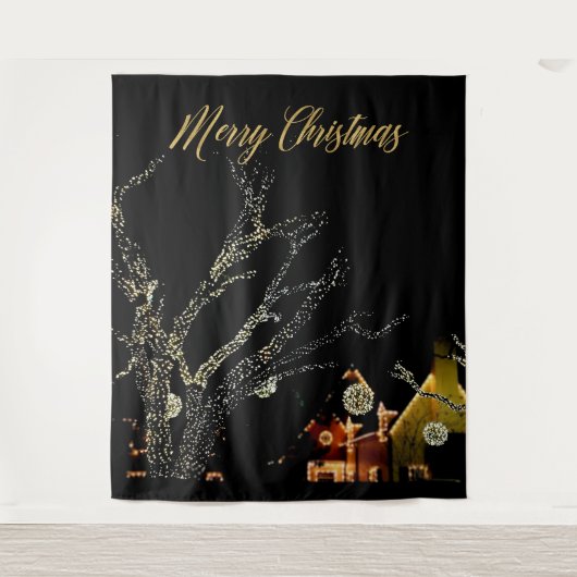 Kerstverlichting op Bomen Fotohokje Achtergrond Wandkleed (Voorkant)