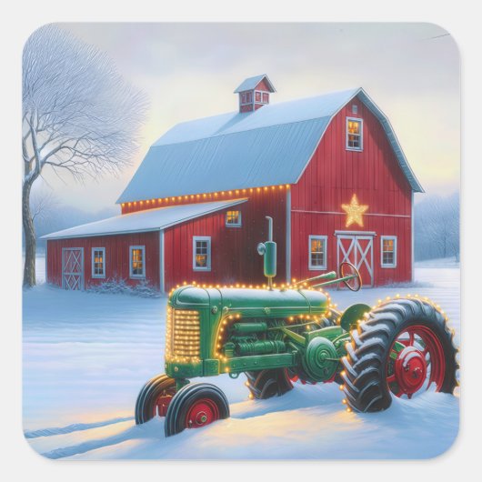 Kerstverlichting op een groene Boerderijen tractor Vierkante Sticker (Voorkant)